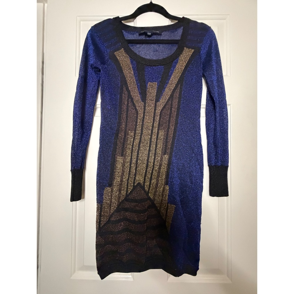 French Connection Metallic Blue Gold Art Deco Bodycon Knit Mini Dress Small